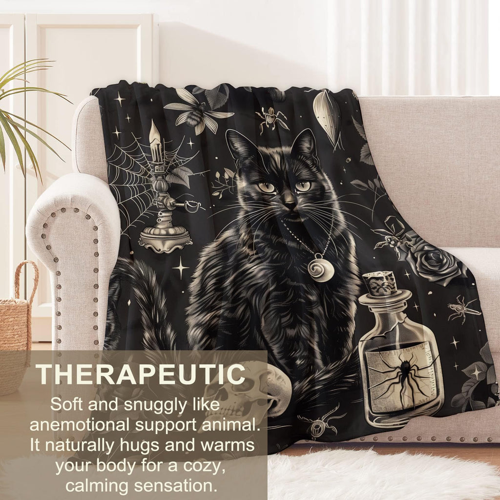 Goth Skull Blanket for Boys Kids Men Women, Flannel Skeleton Blankets Gifts, Halloween Black Cat Throw Blanket for Sofa Couch Bed Living Room Soft Warm Cozy Gothic Decor 60" x 50"