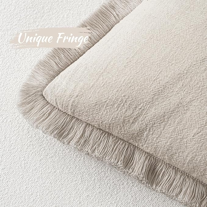MIULEE Christmas Decorative Throw Pillow Covers Neutral Linen Fringe Throw Pillows Euro Shams Set of 2 Natural Beige Boho Farmhouse Cushion Covers for Couch Sofa Bed Living Room Home Decor 22x22 Inch