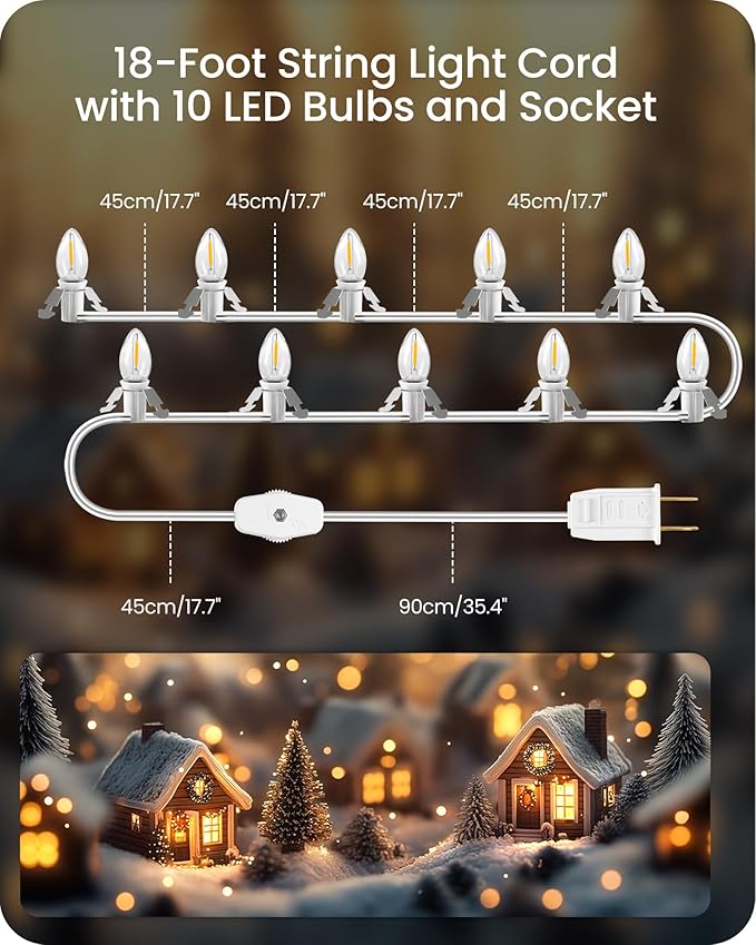 Christmas Village Lights, Decoration String Lights 18Ft with 10 C7 LED Bulbs, Warm White, with Socket and Switch, for Christmas Snow House, Pumpkin Crafts, Holiday Decoration W01VL05