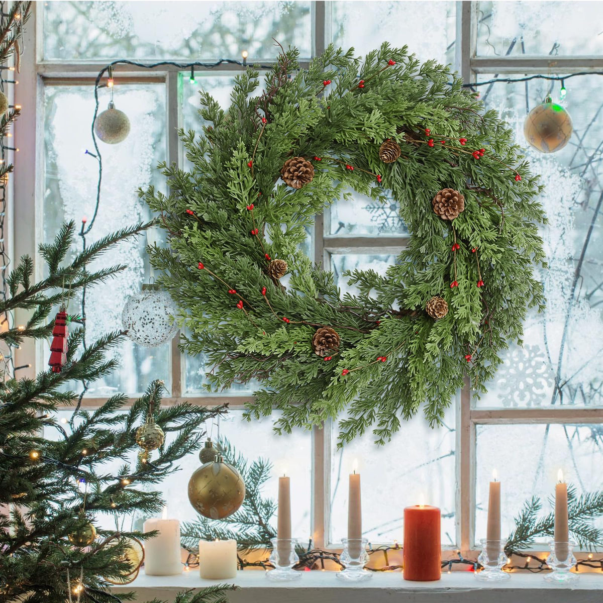 Waipfaru 24 Inch Christmas Wreaths for Front Door, Real Touch Cedar Wreath, Artificial Green Pine Reef for Front Door Windows Indoor Outdoor Holiday Xmas Decoration