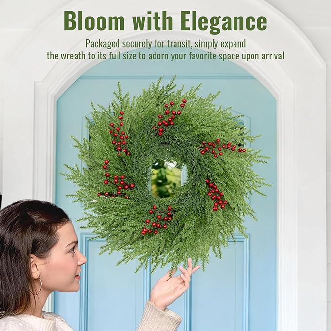 26 Inch Pine Wreath - Christmas Wreaths for Front Door - Real Touch Pine Wreath - Large Artificial Green Wreaths for Walls Windows Porches Farmhouse Indoor Outdoor Home Decor with Red Berries