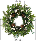 20 Inches Vintage Christmas Wreath Classic Christmas Wreaths for Front Door Rustic Holiday Winter Wreath with White Berry Pine Cones for Doors Windows Indoors Outside Hanging Decoration