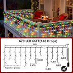670 LED Christmas Lights Outdoor, 66ft Multicolor String Lights Indoor with 148 Drops 12 Modes, Dimmable Curtain Window Lights, Waterproof Twinkle Fairy Lights with Timer for Christmas Decorations