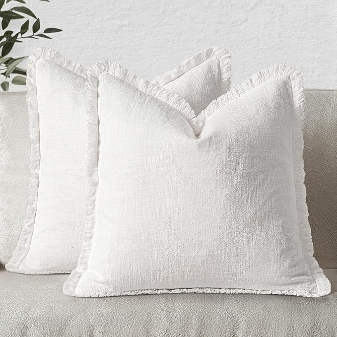 MIULEE Christmas Decorative Throw Pillow Covers Neutral Linen Fringe Throw Pillows Euro Shams Set of 2 White Boho Farmhouse Cushion Covers for Couch Sofa Bed Living Room Spring Home Decor 24x24 Inch