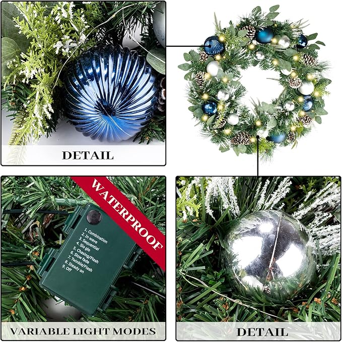WANNA-CUL Pre-Lit 30 Inch Large Christmas Wreath for Front Door with 50 Led Lights, Silver Blue Lighted Christmas Door Wreath Decor with Ball Ornaments,Pine Cones, Battery Operated
