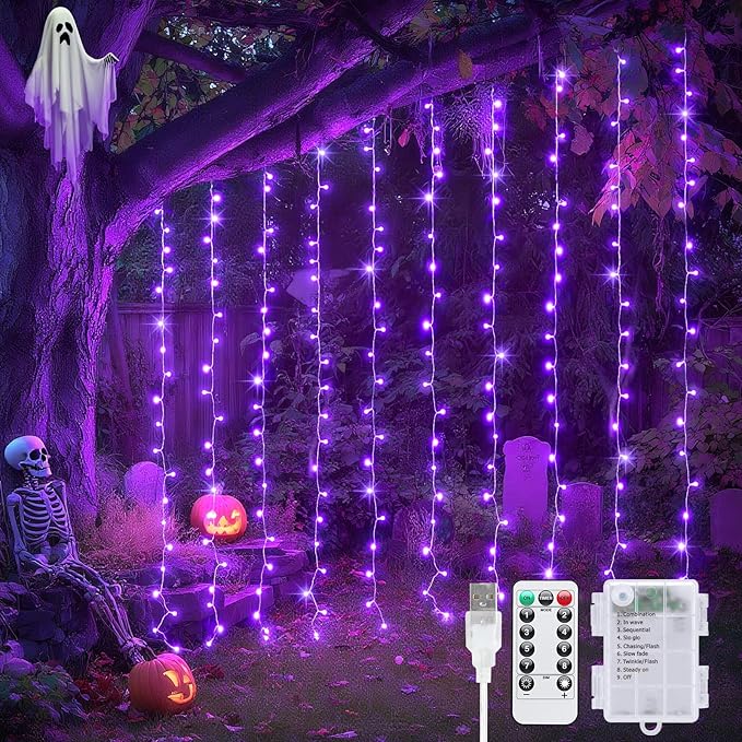 JMEXSUSS 200 LED Halloween Curtain Lights Battery Operated & USB Plug in, 6.6 x 6.6 ft Hanging String Lights Indoor with Remote, Purple Halloween Lights for Bedroom Backdrop Party Outdoor Decorations