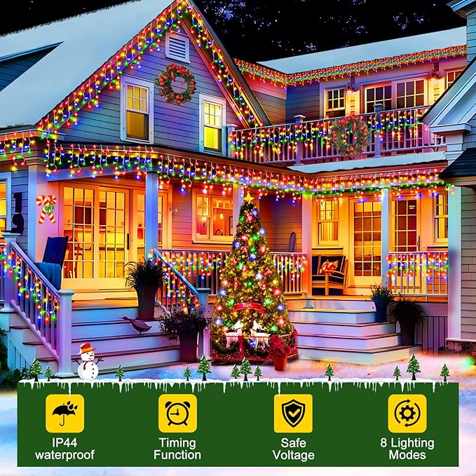 SAUIRS 100FT 960 LED Christmas Lights Outdoor Decorations with 180 Drops Timer 8Mode Curtaing String Lights Waterproof Plug in Fairy Lights for Indoor,Xmas,Party,Patio,Window,Trees Decor(Multicolor)