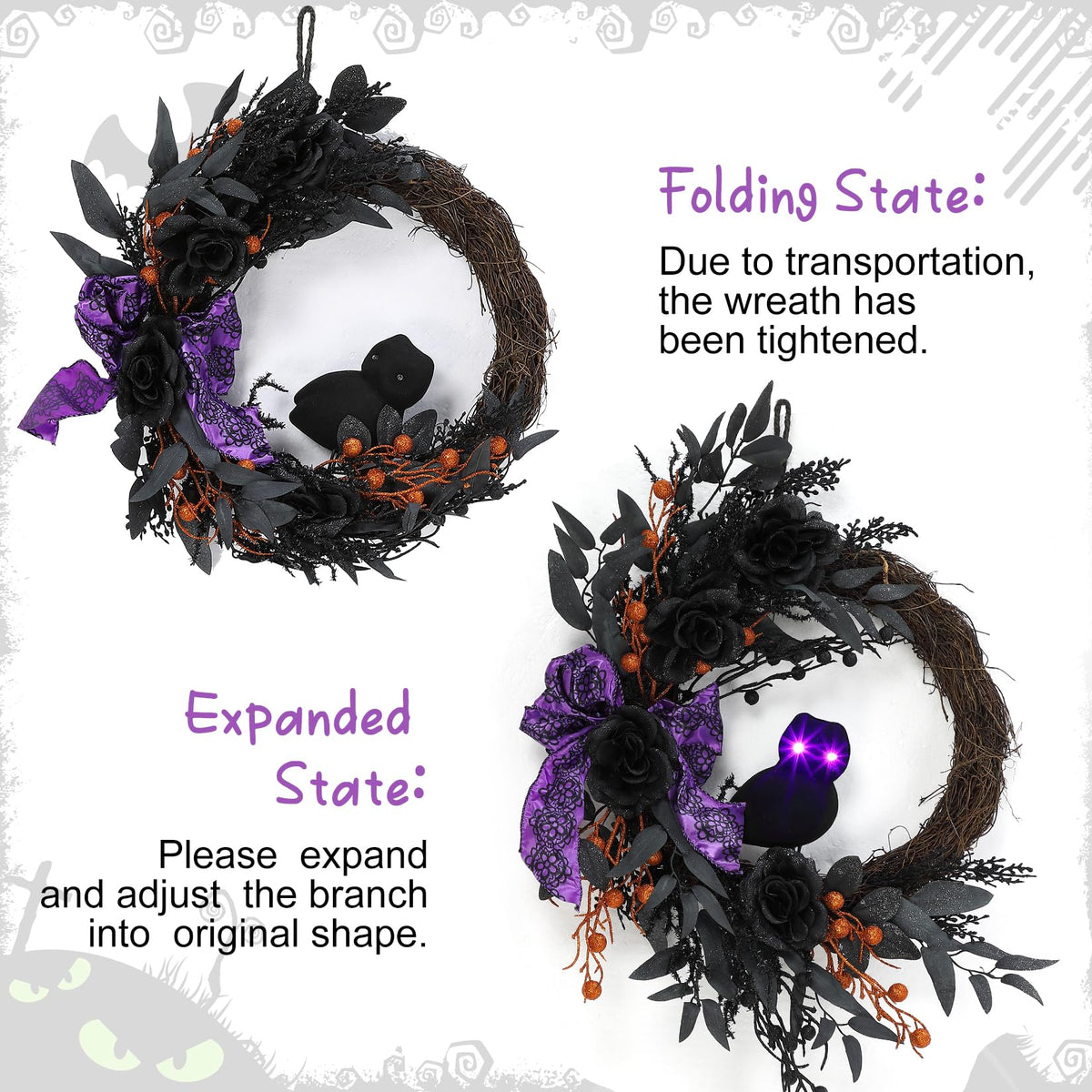 Garvee Halloween Door Wreath, 22 Inch Prelit Halloween Owl Wreaths for Front Door with Black Willow Leaves, Artificial Roses, Purple Bow for Indoor Outdoor Wall Porch Decor