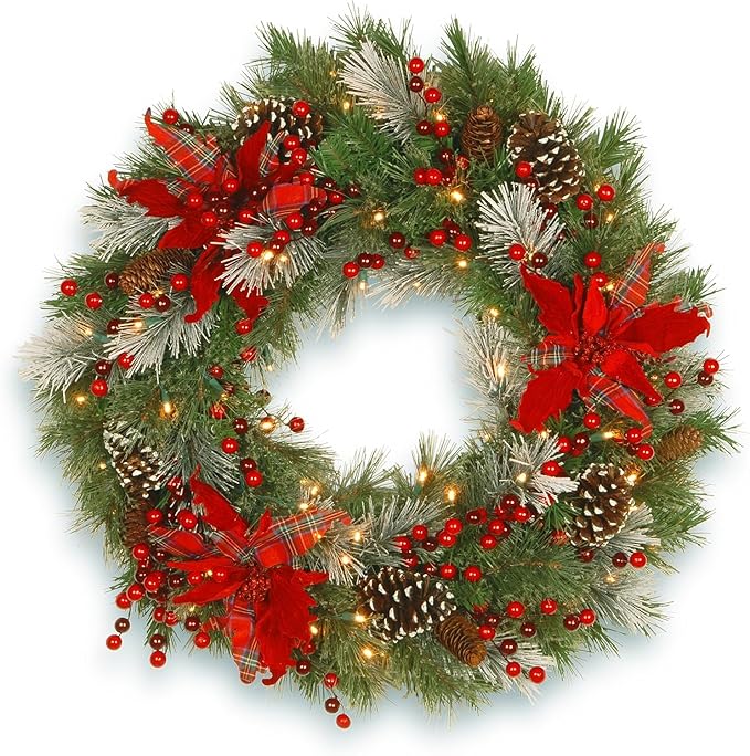 National Tree Company Pre-Lit Artificial Christmas Wreath, Green, Tartan Plaid, White Lights, Decorated with Frosted Branches, Pine Cones, Berry Clusters, Flowers, Christmas Collection, 30 Inches