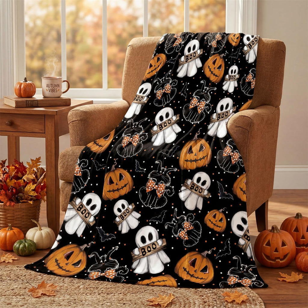 Horaldaily Halloween Flannel Blanket Throw, Jack-O-Lantern Ghost Cat Dots Soft Fuzzy Plush Cozy Fleece Blankets for Couch Sofa Bed Lounging, Ideal Gifts for Kids Adults Wife Self, 50x60
