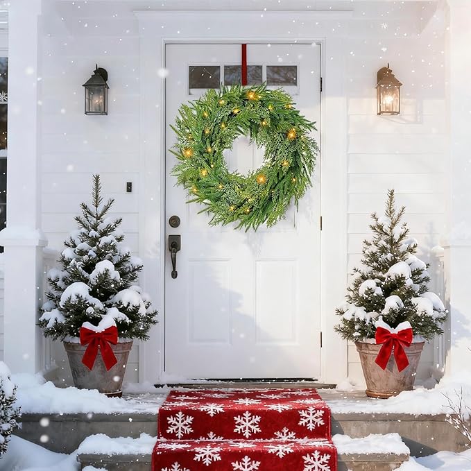 24" Prelit Christmas Wreath for Front Door, Real Touch Norfolk Pine Wreath Thick & Soft Christmas Wreaths with Light, Timer, Norfolk Pine Cypress Leaf Christmas Door Wreath for Home Wall Outdoor Decor