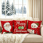 Ni-JASW Red Christmas Throw Pillow Covers 18x18 inch Set of 4, Old Fashioned Santa Snowman Merry Christmas Cushion Covers for Couch Sofa Holiday Decor
