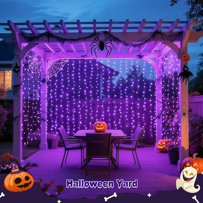 JMEXSUSS 200 LED Halloween Curtain Lights Battery Operated & USB Plug in, 6.6 x 6.6 ft Hanging String Lights Indoor with Remote, Purple Halloween Lights for Bedroom Backdrop Party Outdoor Decorations