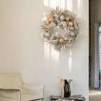 YULETIME 24" Christmas Wreath, Artificial Holiday Wreath with Baubles, Berries, Leaves, Spruce Branches, Snowy Pine Needles (Gold Bauble)