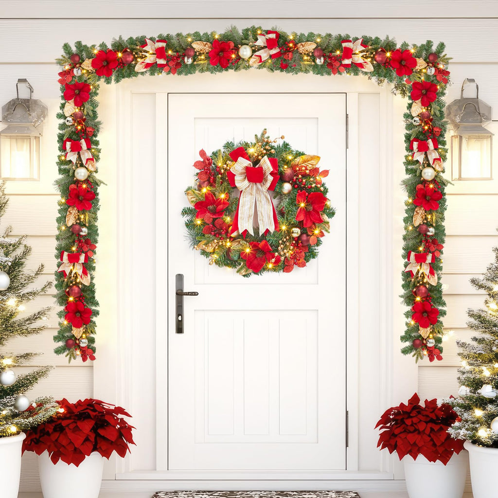 GarveeHome Christmas Wreath, 24 in Artificial Pre-Lit Christmas Wreaths for Front Door with 20 LED Lights & 8 Modes, Pine Needles & Red Berries, Accent Decor for Winter Holiday Home Office Apartment