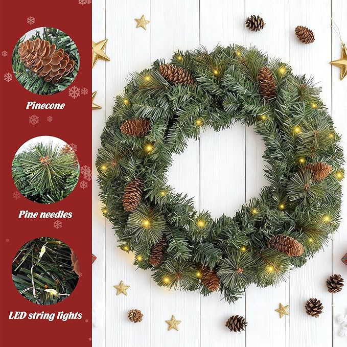 FR Artificial Pre-Lit Fir Christmas Wreath Holiday Accent Decoration, Wintry Pine, Decorated with Pine Cones, with LED Lights Battery Operated for Door, Mantel - 20 Inch