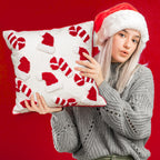 Whaline 2Pcs Christmas Tufted Throw Pillow Covers Red White Xmas Hat Candy Cane Pillow Case Winter Holiday Soft Cushion Cover for Sofa Couch Bed Home, 18 x 18 Inch