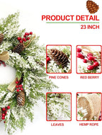 Artificial Christmas Wreath with Hanger for Front Door with Pine Cone, Red Berries, Burlap Ribbon & Snowflake, Indoor Outdoor Holiday Wall Windows Wreath Flocked with Mixed Decorations 23inch