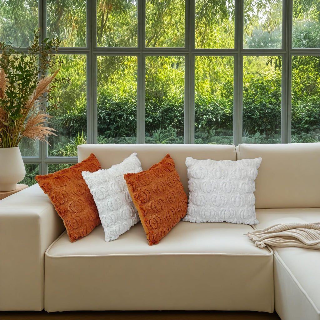 HDVUHKI Fall Pumpkin Throw Pillow Covers 18x18 inch Set of 4, Rust Red and White Autumn Thanksgiving Farmhouse Living Room Soft Fluffy Plush Faux Fur Wool Decorations for Sofa Couch Bed