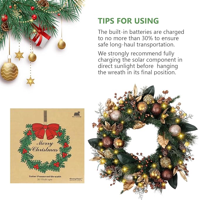 Solar Christmas Wreath 28 Inch Pre-Lit Solar 50 Led Artificial Wreath for Front Door Window Home Decor Decorated with Golden Pine Cones Christmas Balls Glitter Pine Branches(2811)