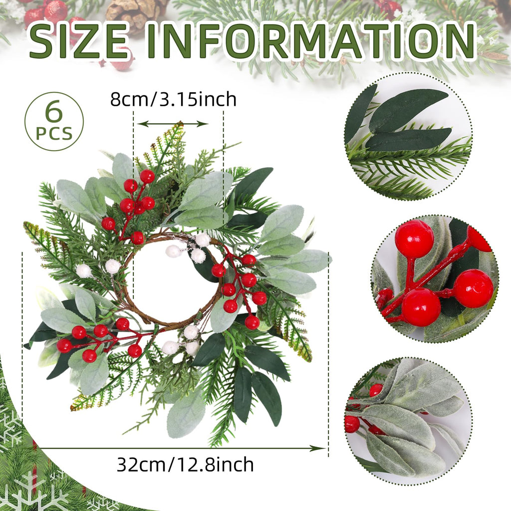 6 Pcs 9'' Mini Christmas Hanging Wreaths Artificial Norfolk Pine Red Berries and Lambs Ear Leaves Small Candle Ring Wreaths for Kitchen Cabinet Farmhouse Front Door Window Xmas (Excluding Ribbons)