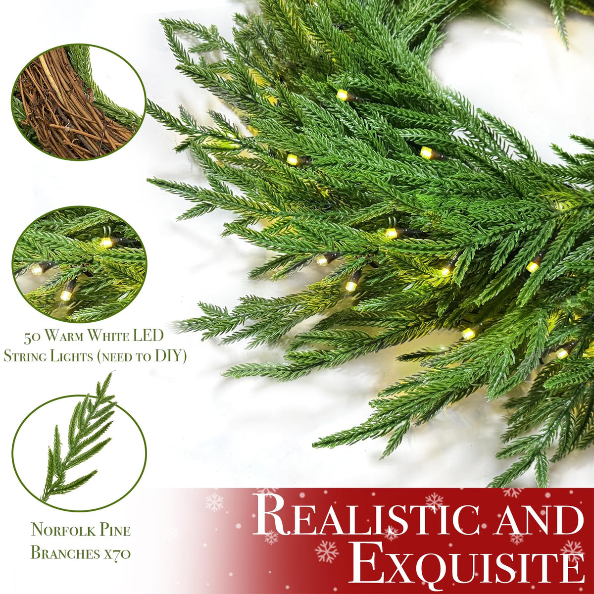 24" Lighted Norfolk Pine Wreath, Thick and Soft, Timer and 8 Modes, Artificial Christmas Wreaths for Front Door 50 LED 70 Pine Branches Christmas Door Wreath for Wall Window Indoor Outdoor Home Decor