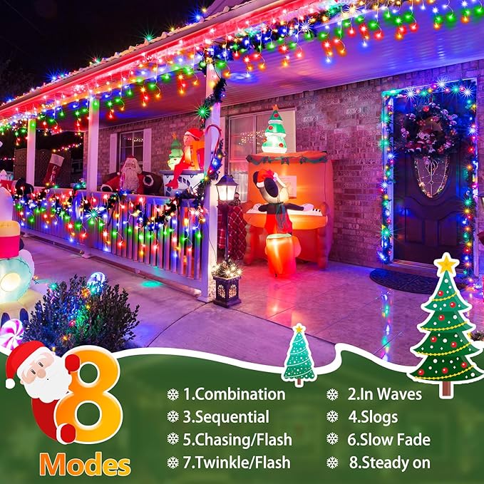 164FT 1600 LED Christmas Lights Outdoor Decorations with 320 Drops Timer 8Mode Curtain String Lights Waterproof Plug in Fairy Lights for Indoor,Xmas,Party,Patio,Window,Fence,Trees Decor(Multicolor)