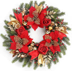 Christmas Wreaths for Front Door,Winter Wreaths for Indoor and Outdoor Christmas Decorations,Christmas Door Wreath with Red Christmas Flowers and Golden Ball,Pine Cones for Christmas Decor