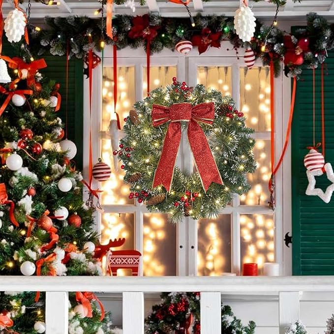 DiliComing 16-Inch Pre-Lit Winter Wreath - Large Christmas Door Wreath, Front Door & Window Decorations
