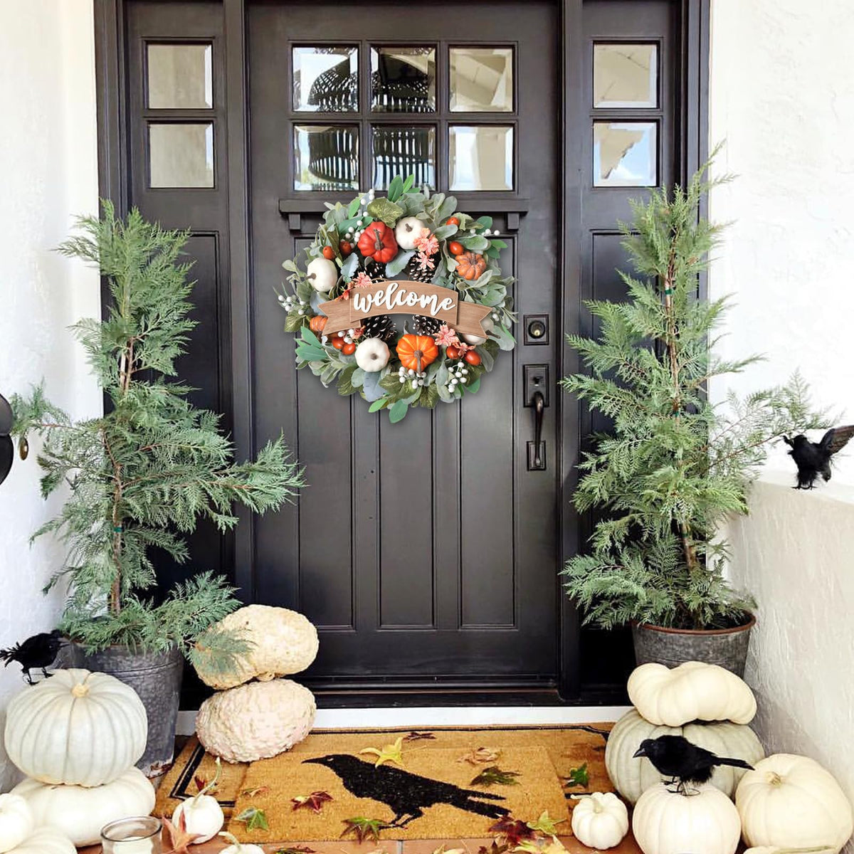 22 Inch Fall Pumpkin Wreath for Front Door with Welcome Wood Sign, White Orange Pumpkin Pinecone Acorn Wreath for Indoor and Outdoor, Autumn Door Decor