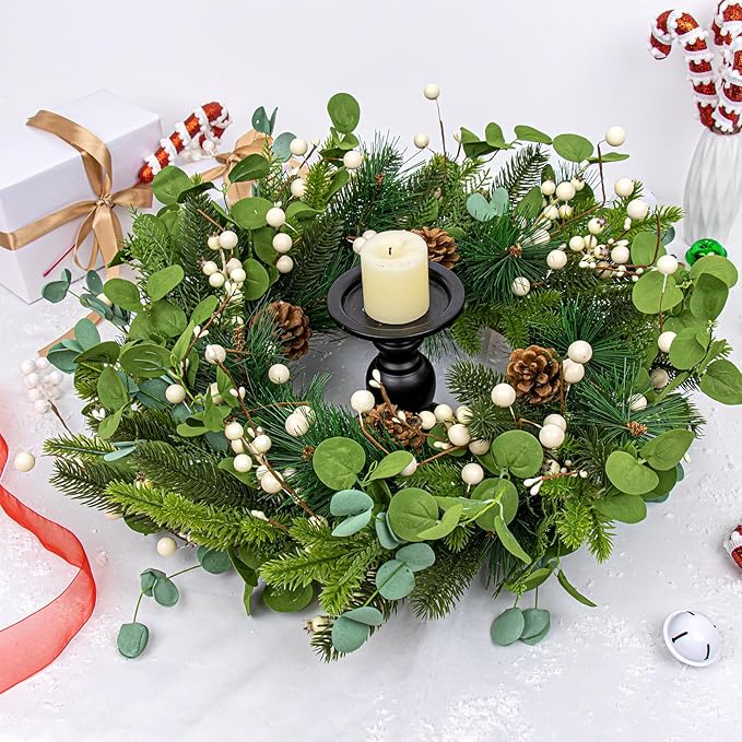 20 Inches Vintage Christmas Wreath Classic Christmas Wreaths for Front Door Rustic Holiday Winter Wreath with White Berry Pine Cones for Doors Windows Indoors Outside Hanging Decoration