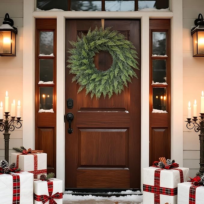 24" Real Touch Artificial Cedar Wreath - Faux Christmas Wreaths for Front Door,Faux Pine Green Wreath for Home, Holiday, Fireplace, Mantle,Wall, Windows, Xmas, Outdoor Decoration