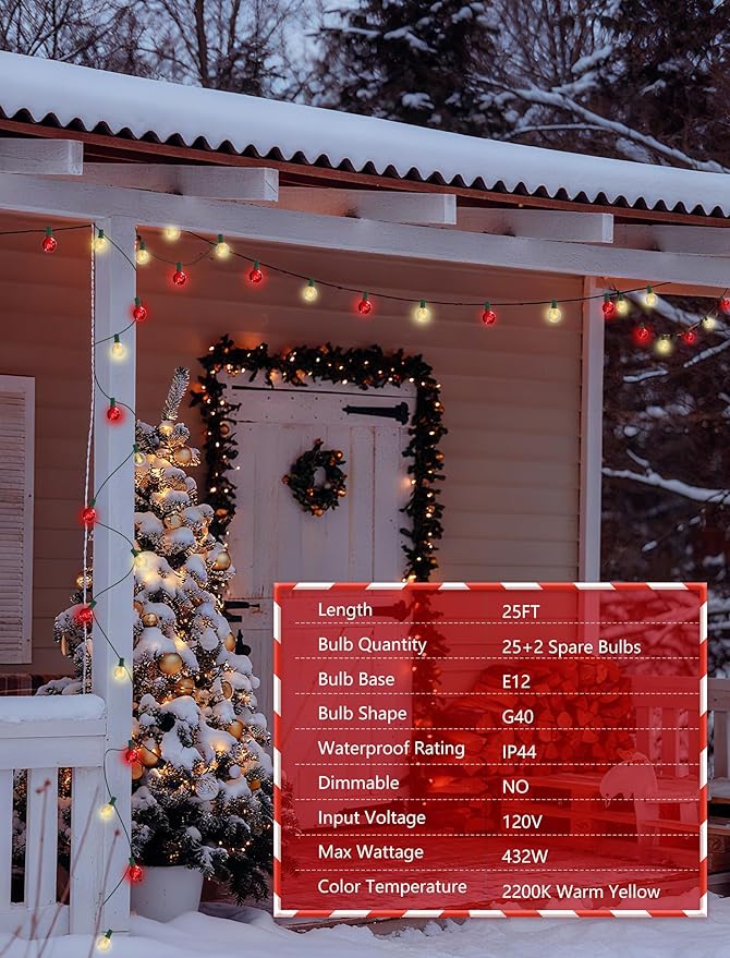 SUNSGNE G40 Red and White Christmas Lights, 25FT Christmas Globe Lights with 25 Clear Red and White Round Bulbs for Outdoor Indoor Xmas Pergola Gazebo Patio Yard Decorations
