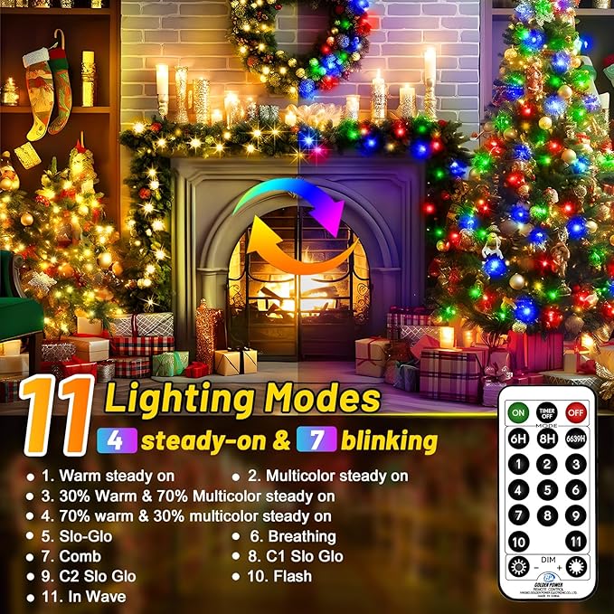 KNONEW Christmas Lights Outdoor 500 LED 197FT Green Wire Color Changing String Lights with 11 Modes & Timer Dimmable Fairy Light for Xmas Tree Roof Yard Wedding Decorations(Warm White to Multicolor)