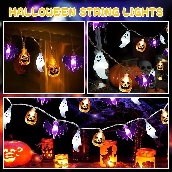 Halloween Fairy Lights,Waterproof Pumpkin Bat Ghost Battery Powered Lights, 16ft 30LEDs with Remote Control, String Light for Windows, Indoor Outdoor Decorations, Halloween Party Decorations
