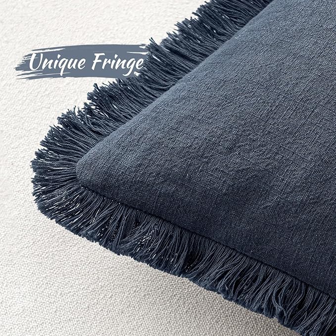MIULEE Christmas Decorative Throw Pillow Covers Neutral Linen Fringe Throw Pillows Set of 2 Indigo Blue Boho Farmhouse Cushion Covers Coastal Decor for Couch Sofa Bed Living Room Decor 18x18 Inch