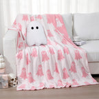 Hillsuren Halloween Throw Blankets and Pillow Set Include Ghost Spooky Pink and White Double Sided Flannel Blanket 50 x 60 Inch and Plush Throw Pillows Cushion for Couch Sofa Bed Home Decorations