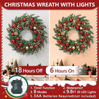 Christmas Wreath with Lights, 20 Inch Christmas Wreaths for Front Door, Large Winter Door Wreath with Ball Ornaments, Berries and Norfolk Pines, Xmas Decor for Indoor Outdoor Wall Windows