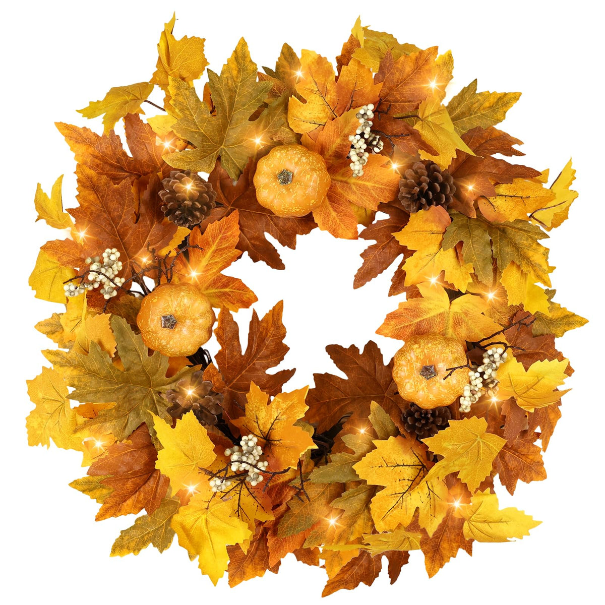 Zmtyykh Fall Wreaths for Front Door Outside Autumn Wreath with Lights Berries Pine Cones Fall Decorations for Home Decor Pumpkin Wreath for Farmhouse Holiday Thanksgiving Harvest Halloween Outdoor