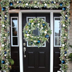 WANNA-CUL Pre-Lit 30 Inch Large Christmas Wreath for Front Door with 50 Led Lights, Silver Blue Lighted Christmas Door Wreath Decor with Ball Ornaments,Pine Cones, Battery Operated