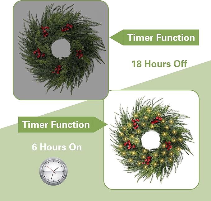 26'' Xmas Wreath with Lights,Large Norfolk Pine Wreaths with Red Berry and 50 LEDs, Battery Operated Christmas Reef with Timer for Door Window Winter Porch Decor