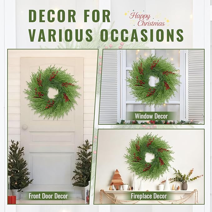 26 Inch Pine Wreath - Christmas Wreaths for Front Door - Real Touch Pine Wreath - Large Artificial Green Wreaths for Walls Windows Porches Farmhouse Indoor Outdoor Home Decor with Red Berries