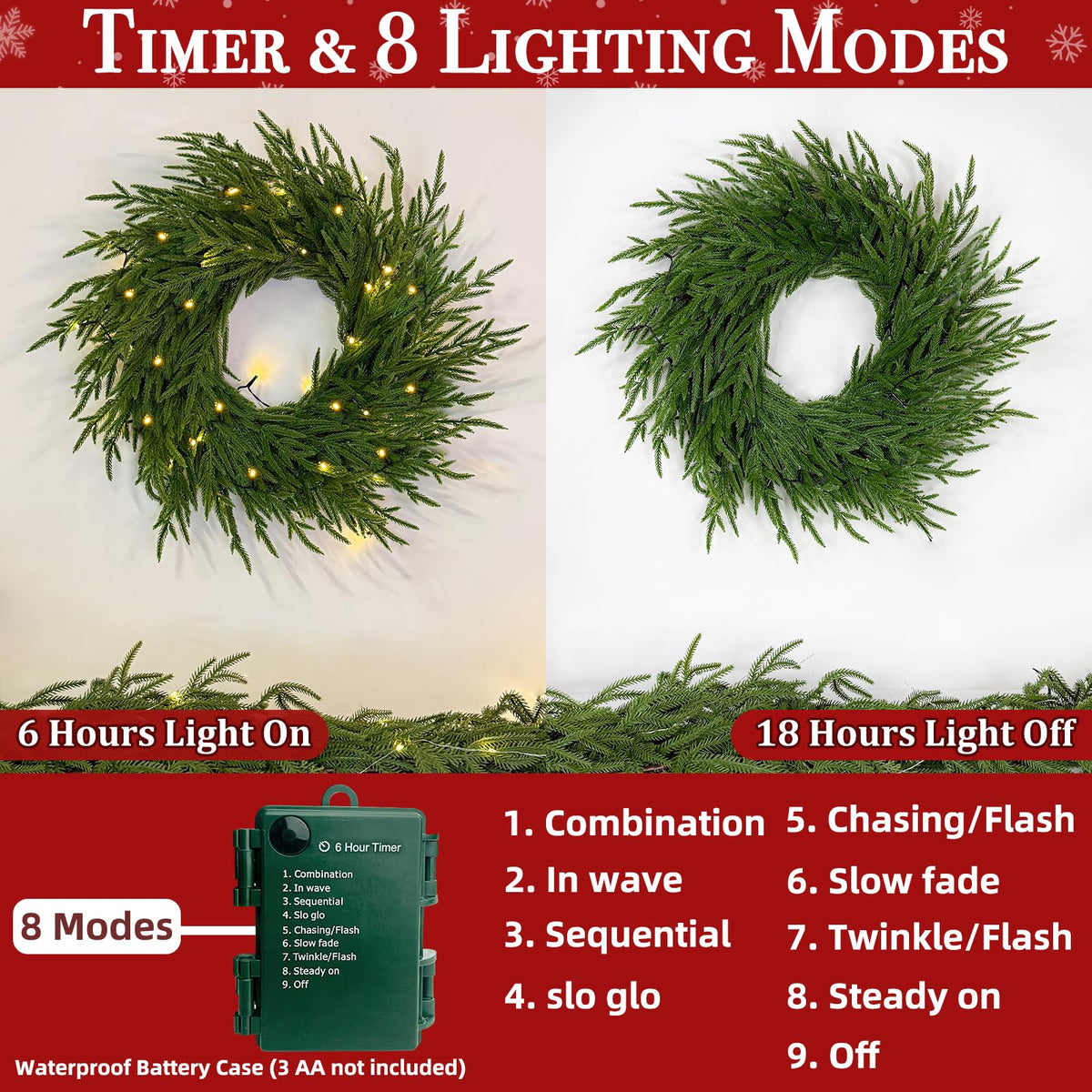 24" Lighted Norfolk Pine Wreath, Thick and Soft, Timer and 8 Modes, Artificial Christmas Wreaths for Front Door 50 LED 70 Pine Branches Christmas Door Wreath for Wall Window Indoor Outdoor Home Decor