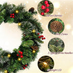 24 Inch Artificial Pre-Lit Christmas Wreath with Suction Cup Hook, Mixed Pine Decorated Frosted Berries, Pinecones, 50 LED Lights, Battery Operated, Holiday Decoration for Front Door, Outdoor