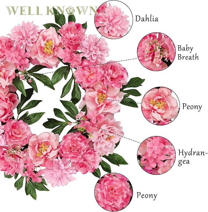 WELL KNOWN Silk Peony Wreaths for Front Door, Artificial Flower Wreath for Seasonal Decor, Indoor Wall Window for Home Decor, Shops Farmhouse Wedding Party Thanksgiving Christmas (Pink)