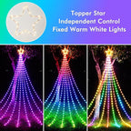 Outdoor Christmas Decorations, 11.8FT RGB Color Changing Christmas Hanging Waterfall String Lights with Star, APP Remote Control, DIY Multi-Color Lightshow, Music Sync, Xmas New Year Decor
