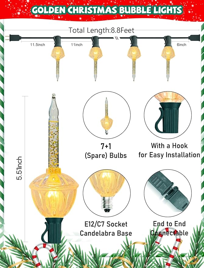 8.8Ft Vintage Christmas Bubble Lights, Outdoor Tree Lights with 10 Gold Glitter Bulbs, C7/E12 Candelabra Base, 5W String Lights with Gold Liquid Great for Indoor Xmas Celebrations Decorations
