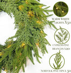 24" Prelit Christmas Wreath for Front Door, Real Touch Norfolk Pine Wreath Thick & Soft Christmas Wreaths with Light, Timer, Norfolk Pine Cypress Leaf Christmas Door Wreath for Home Wall Outdoor Decor