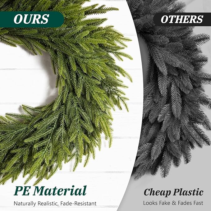 26 Inch Christmas Wreaths for Front Door, Real Touch Norfolk Pine Wreath with Welcome Sign, Large Festive Green Wreath for Farmhouse, Porch, Windows, Wall, Table, Indoor, Outdoor, Home Decor