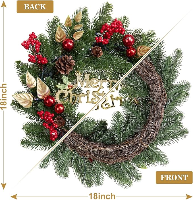 18 Inch Christmas Wreaths for Front Door, Lighted Outdoor Christmas Wreath with 40 LED Lights Timer Pine Cones for Window Fireplace Winter Xmas Decorations, Battery Operated